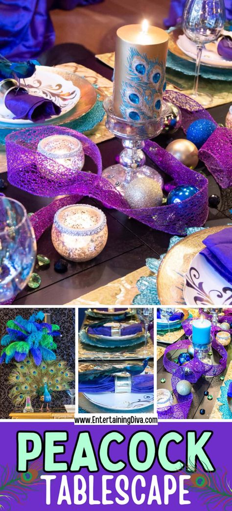 What a beautiful table setting with peacock colors! I love the gold and teal place setting and the purple napkins. It would be perfect table decor for a birthday party or wedding. #entertainingdiva #tablescapes #tablesetting #peacock Peacock Tablescape, Purple Napkins, Peacock Decoration, Mardi Gras Table, Dinner Party Tablescapes, Mardi Gras Party Ideas, Ostrich Feather Centerpieces, Mardi Gras Party Decorations, Mardi Gras Centerpieces