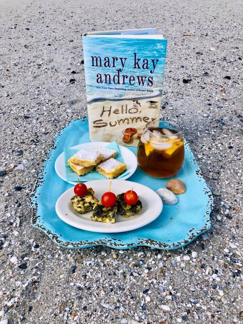 Book Club Buzz: Hello, Summer by Mary Kay Andrews Mary Kay Andrews Books, Chocolate Dipped Cheesecake, Book Club Menu, Crab And Artichoke Dip, Mary Kay Andrews, Summer Book Club, Marinated Shrimp, Tea Cocktails, Marinated Beef