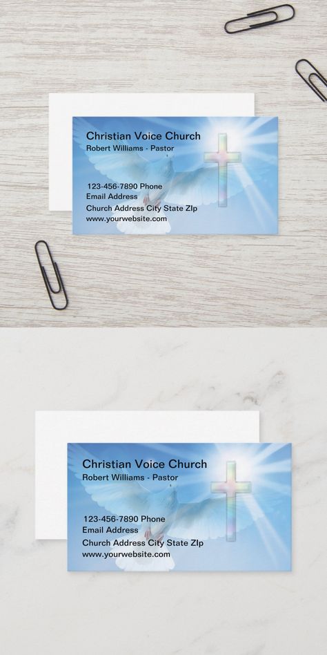 Scenic Christian Church business cards in a simple design with beautiful sky with light sunbeams and a Christian cross graphic with a dove bird in the background. Best business cards for a Church Pastor, Priest, prayer cards, or event promotions. Complimentary Card Design, Church Business Cards, Card For Priest Handmade, Church Invite Cards, Gospel Cards, Church Announcements Slides, Complimentary Card, Best Business Cards, Cross Graphic