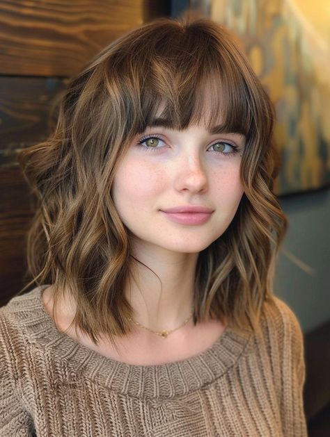 Chic Medium Haircuts with Bangs: Versatile Styles for All Faces Haircuts For Girls With Bangs, Preteen Girl Haircuts Medium, Girl Bangs Haircut, Girls Haircut With Bangs, Bangs Hairstyles Medium, Romantic Bangs, Waves With Bangs, Girls Haircuts Medium, Medium Hairstyles With Bangs