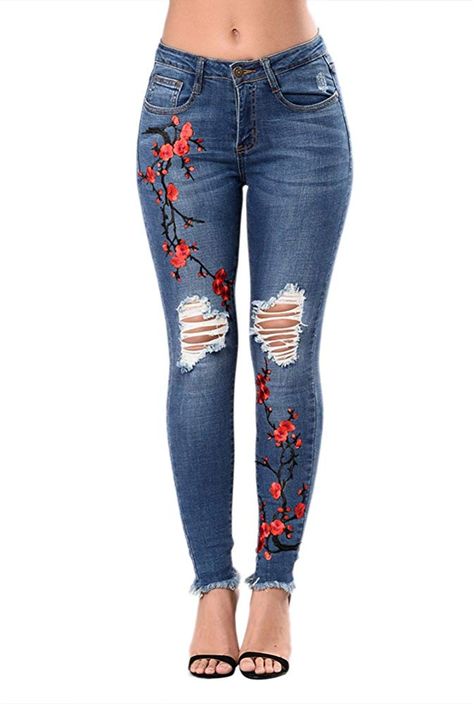 Vaqueros Skinny Push-Up Pantalones Elástico Jeans Bordados Vaqueros para Mujer Azul Marino S Ripped Women, Diy Jeans, Womens Ripped Jeans, Diy Vetement, Moda Jeans, Painted Jeans, Painted Clothes, Jeans Material, Embroidered Jeans