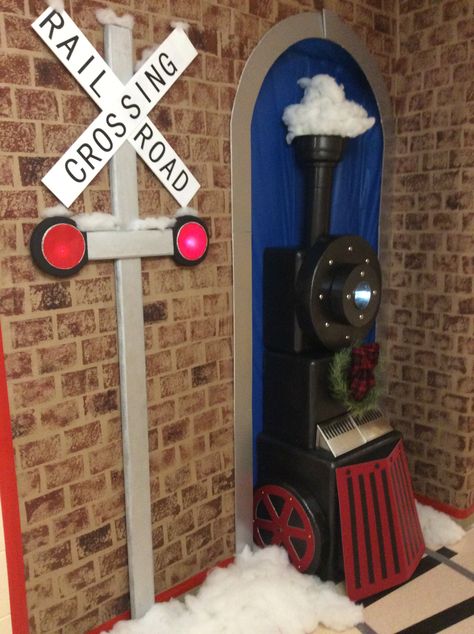 Our 2017 winning door complete with working lights. Christmas Decor Ideas North Pole, Christmas Door Decorating Contest Polar Express, The Polar Express Door Decoration, Polar Express Door Decorating Contest, Polar Express Door Decorations Classroom, Polar Express Door Decorations, Polar Express Door, Train Vbs, Train Door