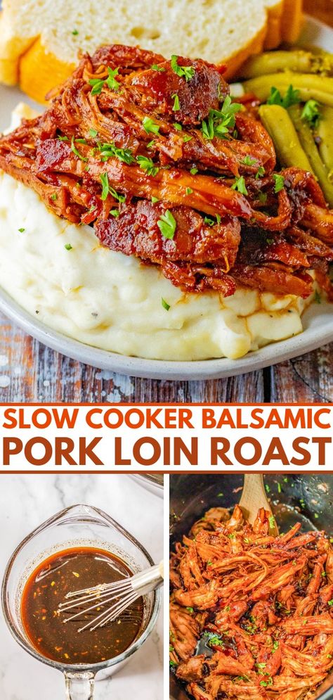 Slow Cooker Pork Loin Roast with Balsamic Glaze - Averie Cooks Slow Cooker Pork Loin Roast, Pork Loin Recipes Slow Cooker, Honey Balsamic Glaze, Crockpot Pork Loin, Slow Cooker Pork Loin, Pork Loin Roast Recipes, Slow Cooker Pork Tenderloin, Asian Meals, Balsamic Pork