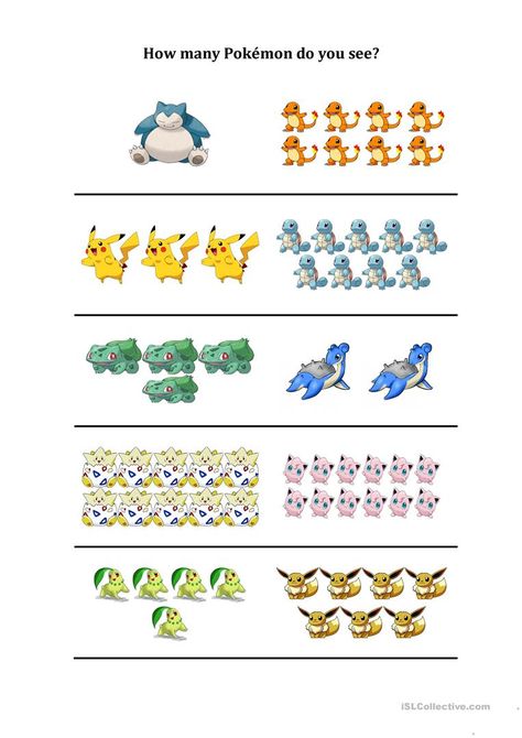 How many Pokemon do you see - English ESL Worksheets for distance learning and physical classrooms Pokemon Worksheets, Pokemon Birthday Party, Learning Worksheets, Pokemon Party, Pokemon Coloring Pages, Pokemon Birthday, Handwriting Worksheets, Free Printable Worksheets, Worksheet Template