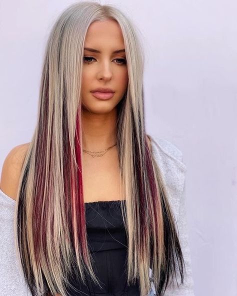 Cute Ways To Dye Blonde Hair, Blonde With Colored Extensions, Work Friendly Hair Color, Blonde With Black And Pink Highlights, Platinum Blonde With Color Peekaboo, Blonde On Too Dark Underneath, Winter 2023 Blonde Hair Trends, Black Pink And Blonde Hair, Black Red Blonde Hair