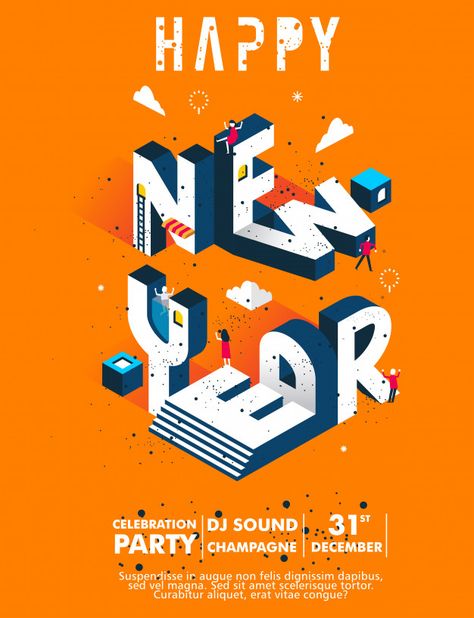 New Year Letter, Happy New Year Typography, New Year Party Invitation, New Year Typography, Celebration Illustration, Orange Vector, Dj Sound, Happy New Year Design, Happy Birthday Posters