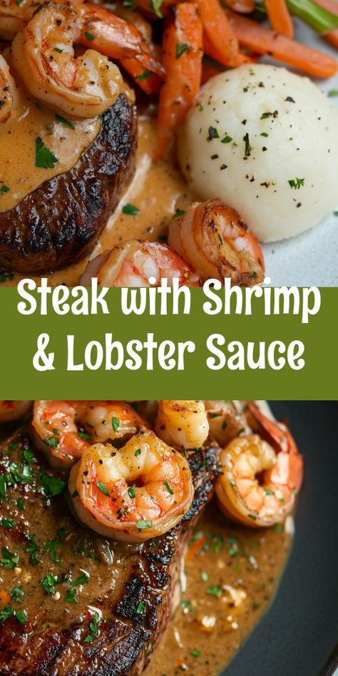 Indulge in the decadent flavors of **Steak with Shrimp & Lobster Sauce**! This luxurious dish pairs tender ribeye steaks with succulent shrimp in a rich, creamy lobster sauce, making it perfect for special occasions or a delightful dinner at home. With a quick prep time of just 10 minutes and a cook time of 20 minutes, you can impress your guests in under 30 minutes. Elevate any meal with this stunning combination of savory and seafood delights—your taste buds will thank you! 🌊🥩✨ #SurfAndTurf #GourmetDinner #FoodieFavorites Lobster Sauce For Steak, Steak With Shrimp, Bacon Brunch, Lobster Sauce, Steak And Shrimp, Brunch Casserole, Food Innovation, Beef Salad, Gourmet Dinner