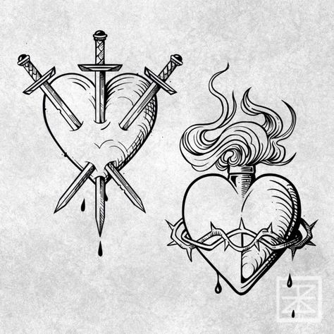 I will design your tattoo in my style Heart Dagger Tattoo, Dagger Drawing, Sacred Heart Art, Artsy Tattoos, Sacred Heart Tattoos, Small Tats, Heart Tattoos, Wreath Drawing, Dagger Tattoo