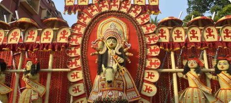 Bengali jute and bamboo strip folk art, Durga Puja 2015 Durga Puja Theme Decoration, Saraswati Puja Pandal Decoration Ideas, Durga Pandal Decoration Ideas, Durga Puja Kolkata Pandal, Bengali Folk Art, Durga Puja Pandal Decoration, Saraswati Puja Pandal, Durga Pandal, Kolkata Durga Puja