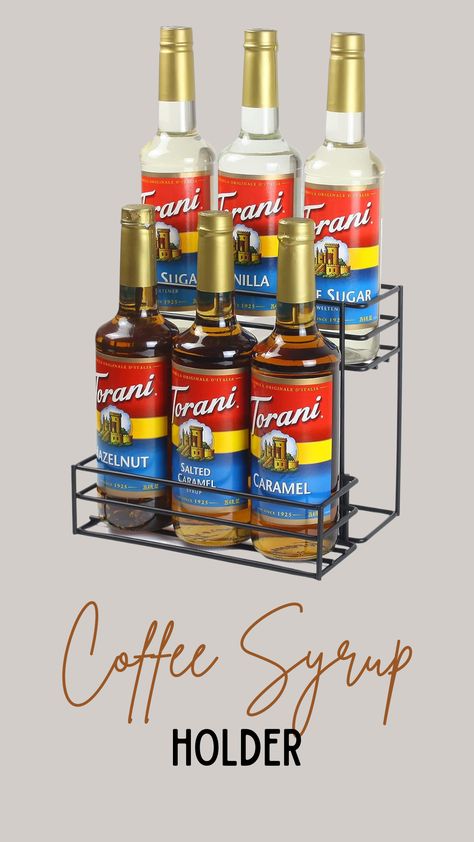 How To Organize Coffee Syrups, Coffee Syrup Organization, Syrup Organizer, Small Wine Rack, Coffee Bar Kitchen, Drink Bar, Bar Storage, Home Coffee Bar, Basement Apartment