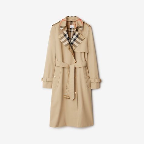 Long Check Collar Gabardine Trench Coat in Honey - Women, Cotton | Burberry® Official Burberry Clothes, Holdall Bag, Burberry Coat, Burberry Trench, Knitwear Dress, Heritage Fashion, The 1920s, Knitwear Cardigan, Rain Wear