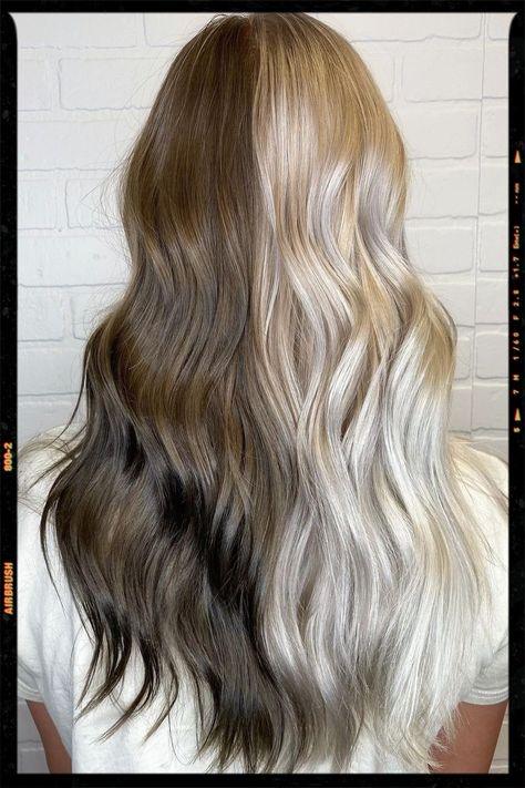 Half black and half white hair. Half Blonde And Half Brown Hair, Light Brown And Silver Hair, Blonde And Brunette Split Dye, Half Brown Half White Hair, Split Blonde And Brown Hair, Half Dark Half Light Hair, Hair Color Ideas Half And Half, Half Brunette Half Blonde Hair, Natural Split Dye Hair