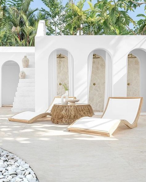 Maja Canggu | A Marie Fe & Jake Snow Collaboration – Meir Uniqwa Collections, White Outdoor Furniture, Alternative Furniture, Outdoor Loungers, Sun Loungers, Teak Frame, Outdoor Shower, Pool Designs, Modern Outdoor