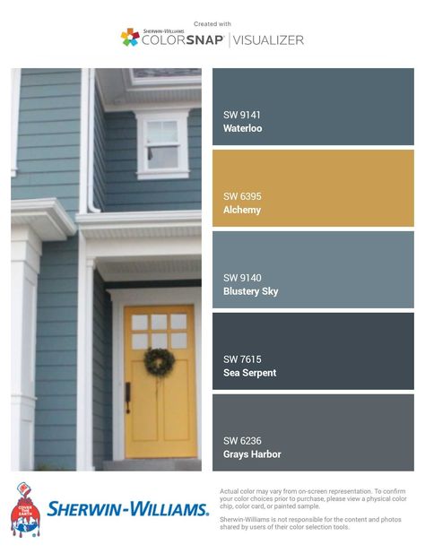 I just created this color palette with the Sherwin-Williams ColorSnap® Visualizer app on my Android phone. What do you think? You can learn more about ColorSnap Visualizer and get it on your phone free by visiting http://www.sherwin-williams.com/colorsnap. House And Door Color Combinations, Mailbox Location Ideas, Color Scheme For Exterior Of House, Sherman Williams Exterior Paint, Blustery Sky Sherwin Williams Exterior, House Color Combinations Exterior, House Color Palettes Exterior, Exterior Blue House, Yellow Farmhouse Exterior