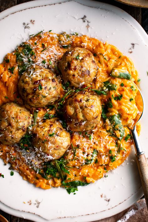 Baked Rosemary Chicken Meatballs with Tomato Orzo - The Original Dish Rosemary Chicken Meatballs, Baked Rosemary Chicken, Tomato Orzo, The Original Dish, Rosemary Chicken, Phrasal Verbs, Winter Dinner, Chicken Meatballs, Think Food