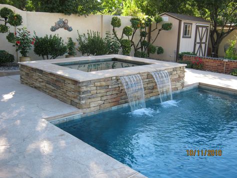 Pool With Hot Tub Waterfall, Infinity Hot Tub Into Pool, Hot Tub Into Pool, Pool Hot Tub Combo, Pretty Pools, Backyard Updates, Jacuzzi Ideas, Pool With Hot Tub, Yard Renovation