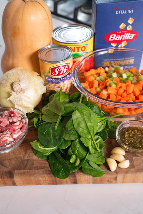 Ina Garten’s Winter Minestrone | 12 Tomatoes Winter Minestrone Soup, Winter Minestrone, Pesto Spinach, Simple Soup, 12 Tomatoes Recipes, 12 Tomatoes, Small Pasta, Minestrone Soup, Cannellini Beans