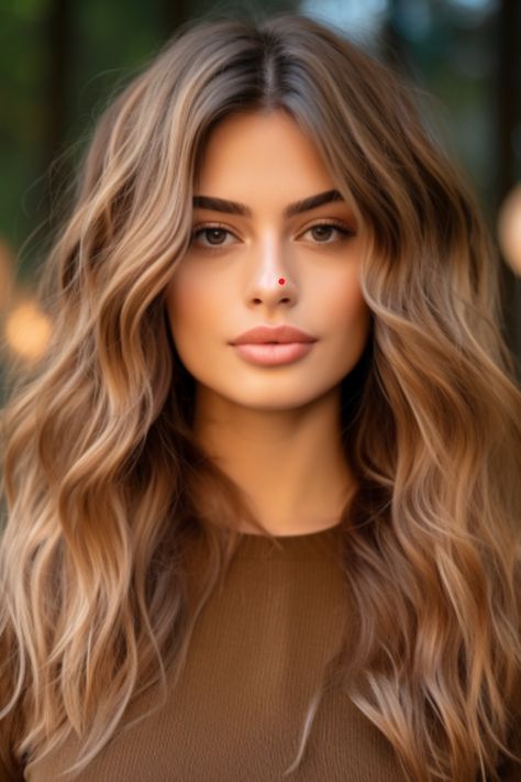 For those desiring a look front layers paired with caramel balayage create a stunning combination that beautifully frames the face. The warm tones of caramel add richness and depth to your hairstyle making it an inviting choice no matter the season. Click here to check out more layered haircuts and hairstyles for long hair. Medium Length Wavy Hair, Wavy Hairstyles Medium, Long Layered Haircuts, Burgundy Hair, Foto Art, Hair Game, Layered Haircuts, Hair Transformation, Layered Hair