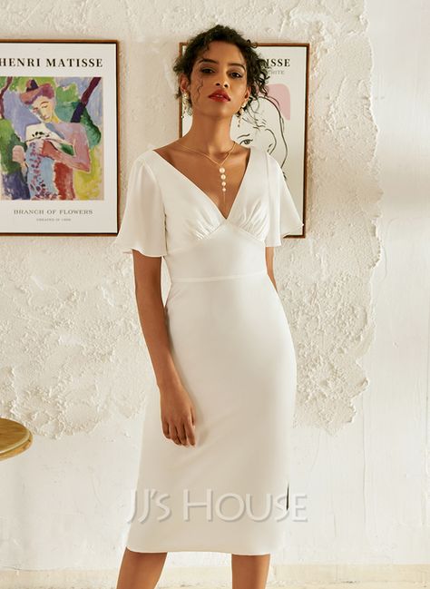 Wedding Dresses London, Column Wedding Dress, Knee Length Wedding Dress, Knee Length Cocktail Dress, Wedding Dress Silhouette, Cocktail Dresses Online, V Neck Cocktail Dress, Elegant Midi Dresses, V Neck Wedding Dress