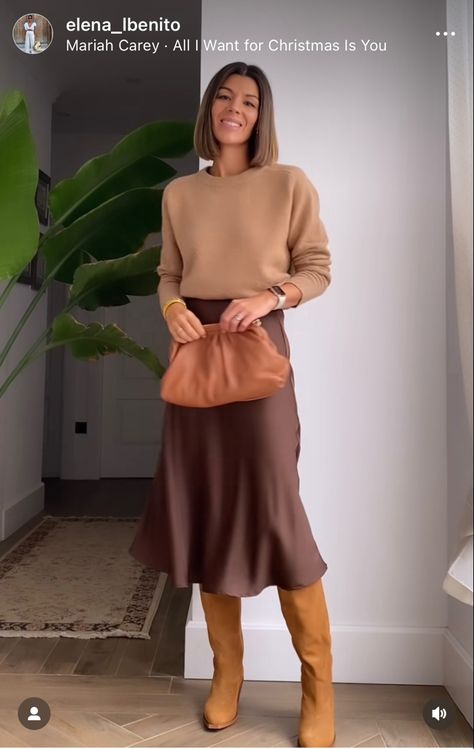 Khaki Satin Skirt Outfit, Rust Satin Skirt Outfit, Sateen Outfit, Brown Satin Skirt Outfit, Silk Skirt Outfit Fall, Slip Dress Outfit Winter, Silk Skirt Outfit, Skirt Outfit Fall, Silk Slip Skirt