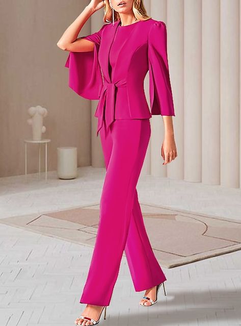 Dressy Pantsuits For Weddings, Mother Of The Bride Pant Suits, Mother Of The Bride Jumpsuit, Bride Pantsuit, Sukienki Plus Size, Fall Wedding Guest, Two Piece Jumpsuit, Chiffon Wrap, Dress Wedding Guest