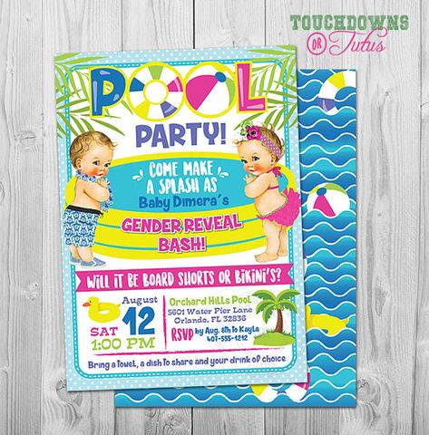 Gender Reveal Pool Party Ideas, Gender Reveal Pool Party, Pool Party Gender Reveal, Summer Gender Reveal, Pool Party Invite, Gender Reveal Party Theme, Aloha Party, Summer Bash, Summer Party Invitations