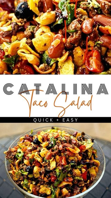 Catalina Dressing Taco Salad takes me right back to being a kid! That sweet and tangy Catalina dressing mixed with crunchy Fritos, savory ground beef, zesty sharp cheddar, hearty red kidney beans, and a bunch more goodies – it’s a flavor-packed trip down memory lane! #MexicanSaladRecipe #MexicanSalad #DoritosTacoSalad #FritosTacoSalad #TacoSaladRecipe #FritosCatalinaSaladRecipe Taco Salad Catalina Dressing, Taco Salad Recipe With Catalina Dressing, Catalina Taco Salad, Catalina Dressing Recipes, Frito Taco Salad, Healthy Green Salads, Catalina Dressing, Kidney Bean Salad, Recipes With Kidney Beans