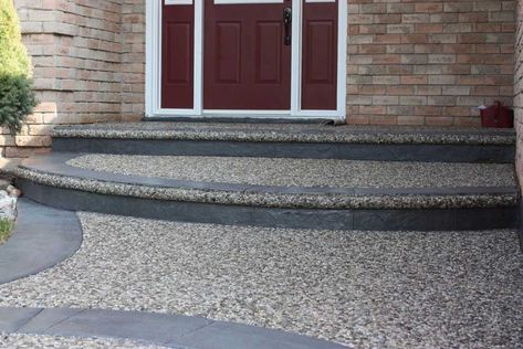 Exposed Aggregate - Master Concrete & Interlocking Ltd Front Yard Walkway Ideas, Yard Walkway Ideas, Exposed Aggregate Driveway, Stamp Concrete, Front Yard Walkway, Yard Walkway, Driveway Entrance Landscaping, Exposed Aggregate Concrete, Aggregate Concrete