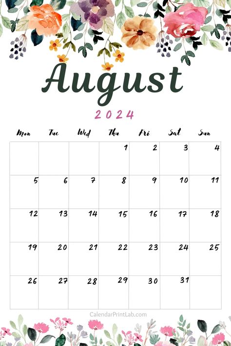 Free August 2024 Floral Calendar in Vertical Layout August 2024 Calendar Printable, August 2024 Calendar, August Wallpapers, Printable Calendar Design, August Wallpaper, Floral Calendar, Flower Calendar, Watercolor Calendar, Monthly Printable