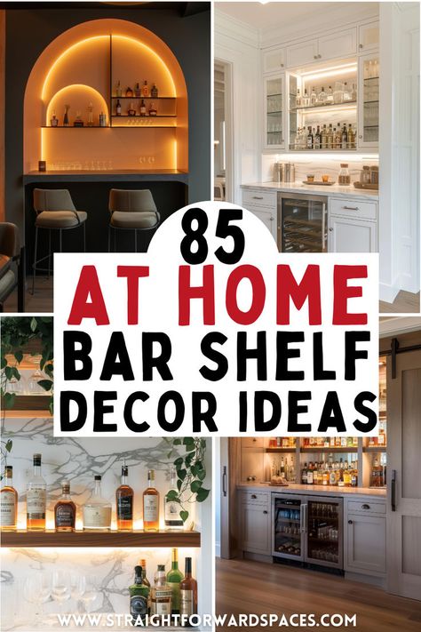 collection of 85 at home bar shelf decor ideas featuring lit shelves, wooden bar styles, and creative floating shelf designs. Shelves Over Bar Cart, Small Bar In Living Room Ideas, Bar Cart And Floating Shelves, Home Bar Shelf Decor, Basement Bar Shelf Decor, Indoor Bar Decor Ideas, Bar From Cabinets, How To Display Liquor Bottles Bar Ideas, Indoor Mini Bar Ideas