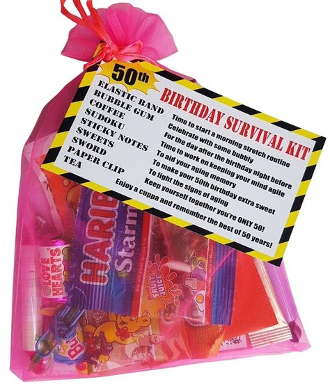 50th Birthday Survival Kit For Women, Morning Stretch Routine, Sweets To Make, Aging Paper, Tea Sachet, Birthday Survival Kit, Nescafe Gold Blend, Strawberry Fizz, Funny 50th Birthday Gifts