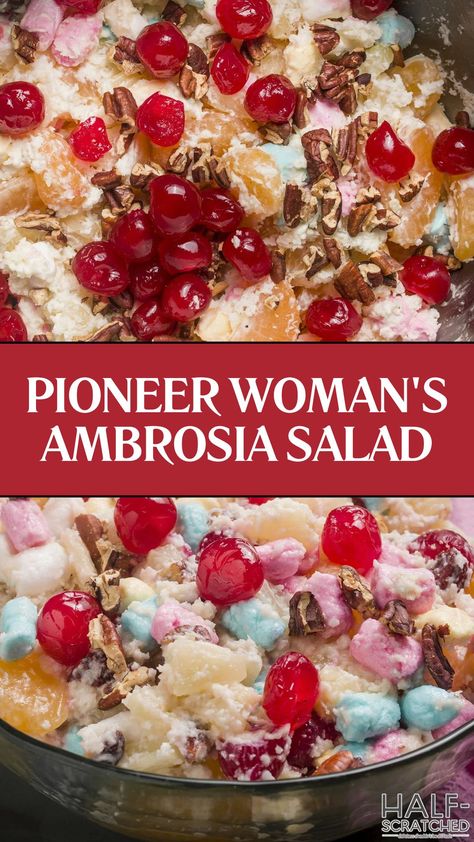 Pioneer Woman's Ambrosia Salad Fruit And Marshmallow Salad, Ambrosia Salad Classic, Fruit Fluff, Ambrosia Salad Recipe, Creative Salads, Sweet Salads, Ambrosia Recipe, Sour Cream Substitute, Ambrosia Fruit Salad