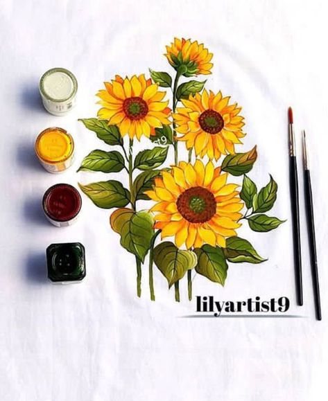 Bunch of sunflower painting on clothes Fabric painting , tutorial on YouTube Sun Flower Fabric Painting, Hand Painted Sunflowers On Fabric, Cloth Sunflowers Diy, Flower Painting Sunflower, Painting In Clothes Fabrics, Flower Painting On Clothes, Sunflower Fabric Painting, Cloth Painting Designs, Fabric Painting Techniques Tutorials