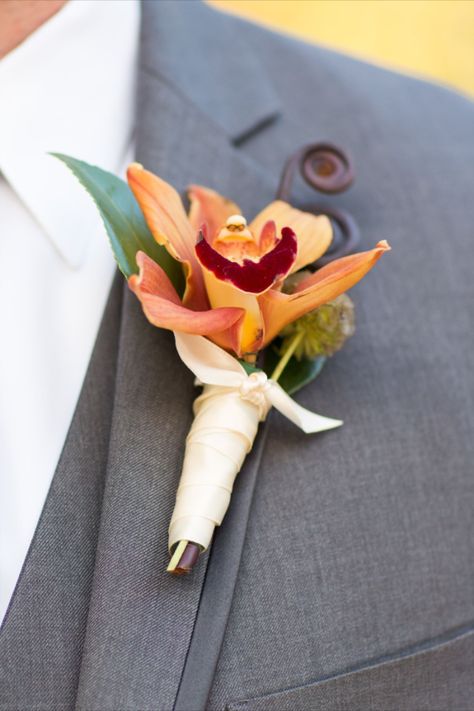 Orange Orchid Bouquet, Orchid Boutineer, Scabiosa Pods, Cymbidium Orchid, Orange Orchid, Orchid Bouquet, Cymbidium Orchids, Fantasy Wedding, Boutonniere