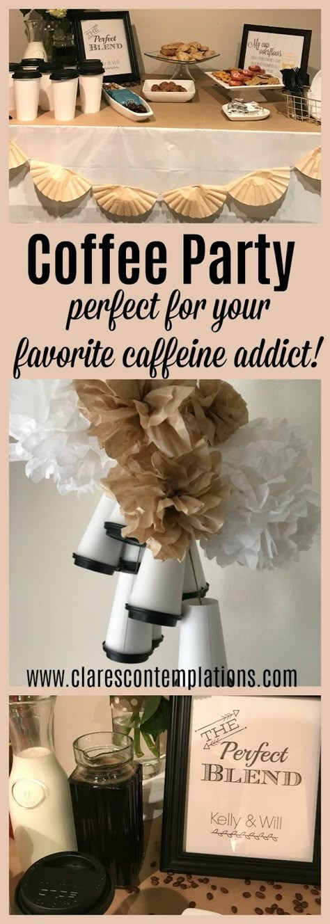 Coffee Party-such a cute bachelorette party or shower theme! I'm *obsessed* with that coffee cup chandelier! Coffee Party Ideas Decoration, Coffee Birthday Party Ideas, Coffee Themed Party Ideas, Coffee Tasting Party, Coffee Bar Theme Party, Coffee Theme Table Decor, Coffee Decorations Party, Coffee Shower Ideas, Coffee Theme Decor Party Ideas