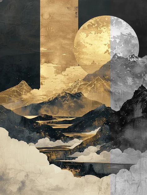 Full Color Image in ai-img-gen.com 🔸 Gold and silver foil landscape, auspicious clouds, wind, snow-covered mountains, Golden Mountains, G... 🔸 From Midjourney AI Image Golden Foil Painting, Manhua Background, Gold And Silver Wallpaper, Moon And Clouds, Chinese New Year Background, Golden Moon, Silver Cloud, Color Image, Golden Light