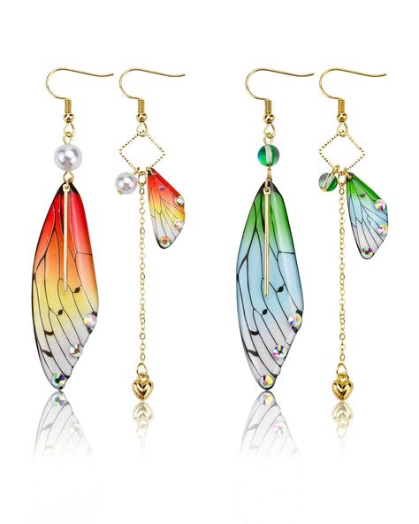 PRICES MAY VARY. You can get: 2 pairs of asymmetric earrings in total. Different colors bring you different moods. Style and Design: Cottagecore/fairycore/Nature/Fairy Grunge style. Material: Our butterfly wing earrings are composed of resin, alloy, rhinestones. 14K electroplating process, shiny and not easy to fade. Lightweight, can be worn for long periods of time without straining the ears and causing pain. FAIRY EARRINGS CRAFT: Our women's fairy wing earrings are beautifully crafted and feat Fairies Aesthetic, Fairy Wing Earrings, Butterfly Fairy Wings, Fairy Earrings, Dragonfly Wings, Butterfly Wing Earrings, Asymmetrical Earrings, Diamond Dangle Earrings, Butterfly Wing