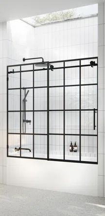 Glass Warehouse 56" - 60" W x 60" H Frameless Shower Door | Wayfair Black Grid Shower Door With Tub, Bathtubs With Glass Doors, Grid Shower Door, Bathtub With Glass Door, Glass Shower Tub, Diy Shower Door, Bathroom Remodel Small Budget, Bathtub Shower Combo, Night Heron