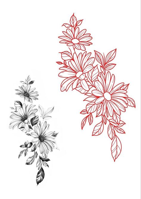 Back Of Thigh Flower Tattoo, Flowers And Geometry Tattoo, Aster Tattoo Flower, Flower Half Sleeve Tattoos For Women Floral Art Designs, Long Flower Tattoo Design, Floral Tattoo Linework, Stencil Flower Tattoo, Flower Upper Arm Tattoos For Women, Asters Flower Tattoo