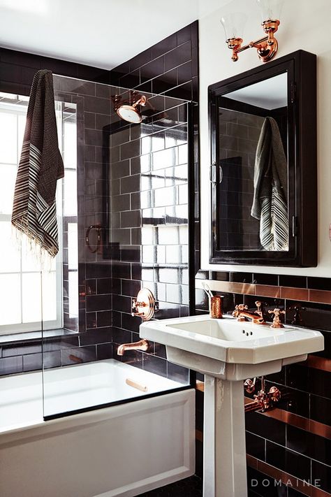 Overall, the palette is much more muted than we usually see from the designer (who trained under color maximalist Miles Redd). “I wanted to make the design as cohesive as possible,” he... Black Subway Tiles, Sleek Bathroom, Black Tile, Black Tiles, Intelligent Design, Bath Tub, Black Bathroom, Best Interior Design, Farmhouse Bathroom