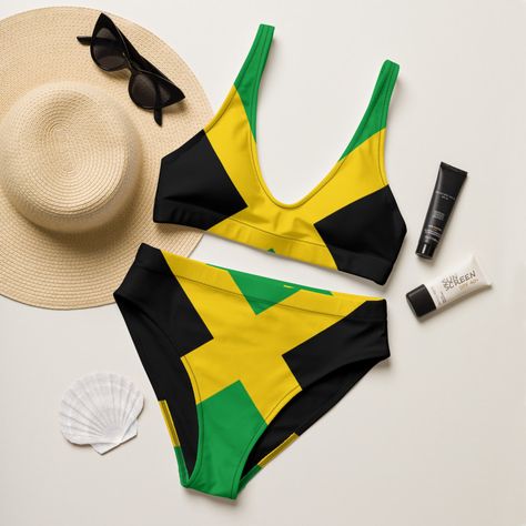 : Jamaica High-Waisted Bikini, Large Bust Swimwear, Jamaica Swimwear, Jamaican Clothing, Jamaican Flag Swimsuit, Rasta Bikini https://etsy.me/3sRT9Kz #surfing #jamaicanbikini #thongbikini #swimsuitwomen #jamaicasandals #largebustswimwear #sexybikini #highwaistedbikini Jamaica Swimwear, Large Bust Swimwear, Jamaican Clothing, African Swimwear, Jamaica Outfits, Jamaican Flag, Suit Ideas, Black Bathing Suits, Large Bust