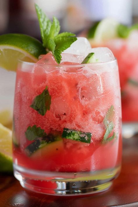 Refreshing Watermelon Basil Cocktail Watermelon Basil Cocktail, Watermelon Basil, Basil Cocktail, Drink For Summer, Fresh Summer Salad, Watermelon Feta Salad, Slice Of Lime, Mint Sprig, Margarita Cocktail