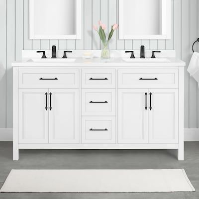 allen + roth Brinkhaven 60-in White Undermount Double Sink Bathroom Vanity with White Engineered Stone Top in the Bathroom Vanities with Tops department at Lowes.com Removable Backsplash, Bathroom Vanity Double Sink, Wood Frame House, Engineered Stone Countertops, Ceramic Undermount Sink, Double Sink Bathroom, White Vanity Bathroom, Allen Roth, Double Sink Bathroom Vanity