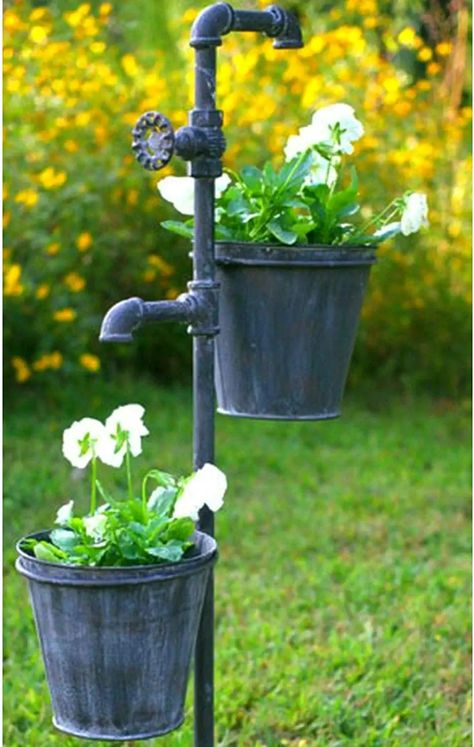 Rustic Faucets, Bucket Garden, Metal Flower Pots, Bucket Gardening, Vintage Gardening, Vintage Garden Decor, Garden Flower, Garden Stakes, Vintage Garden