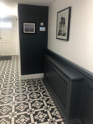 NH Interiors - #1 Wainscoting & Wall Panelling Installation Service in Dublin Wall Panelling With Radiator Cover, Covering Radiator Ideas, Half Wall Paneling Ideas Living Room, Dado Rail Living Room, Wall Paneling Ideas Living Room, Sunroom Extension, Bedroom Panelling, Black And White Hallway, Modern Radiator Cover