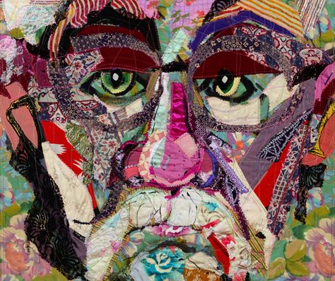 Jim Hay,  "Green Eyes", detail.  I'm blown away by this piece! Sewn Art, Bisa Butler, Quilt Collage, Portrait Quilts, Collage Quilts, Embroidered Portrait, Collage Portrait, Ugly Dolls, Fabric Collage