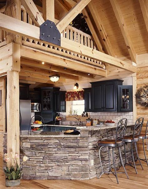 It may be tucked away under the loft, but bold painted cabinets and stainless steel appliances ensure that the Benoits' cozy kitchen is no shrinking violet. Dapur Rustic, Small Log Homes, Log Home Living, Log Cabin Ideas, Cabin Kitchens, Cabin Living, Log Cabin Homes, A Log, Counter Tops