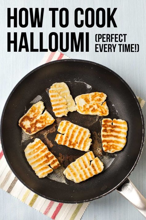 How to cook halloumi perfectly every time! An easy method for how to cook halloumi cheese - for beautifully soft, squidgy, salty halloumi that can be used in so many different ways. #howto #halloumi #halloumicheese Vegetarian Full English Breakfast, Halloumi Recipes, Halloumi Pasta, Cheese Logs, Cooking Halloumi, Baked Halloumi, Haloumi Recipes, Haloumi Cheese, Recipes Greek