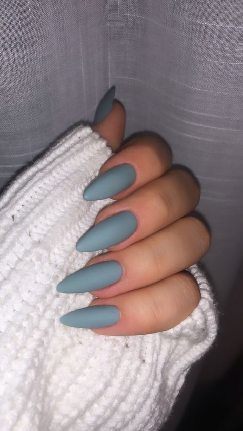 Matte Blue Grey Nails, Blue Gray Nails Acrylic Short, Matte Gray Blue Nails, Mat Almond Nails, Grey Blue Nail Ideas, Matte Dusty Blue Nails, Blue Gray Almond Nails, Matte Blue Almond Nails, Ashy Blue Nails