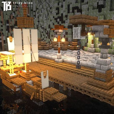 TrixyBlox on Instagram: "▪️ Shipping docks! ⛏️🚣‍♂️ Looking forward to sharing my next video with you all, the underground Kingdom is looking 🔥——————————————————————————— ▪️Check out the video out on my YouTube 🎥 ▪️Shaders: BSL 🌄 ⚠️ Do not repost any of my pictures ⚠️" Minecraft Shipping Dock, Minecraft Dock, Underground Kingdom, Castle Fortress, Minecraft Village, Build Inspiration, Minecraft Castle, Minecraft Inspo, Minecraft House Designs